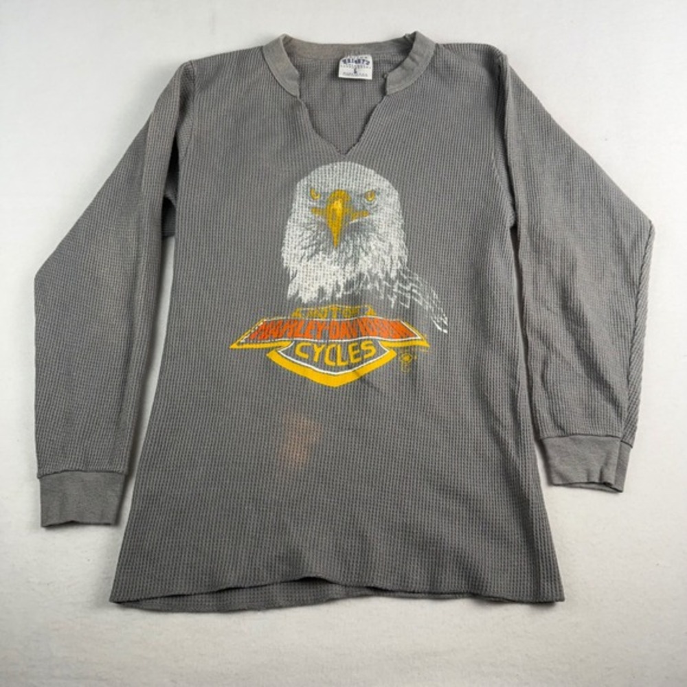 Vintage Harley Davidson‎ Eagle Graphic Waffle Knit Thermal Shirt Grey Large USA